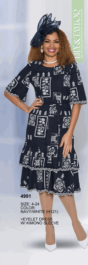 Lily & Taylor <br> (Volume 134) <br> LT4991 <br> <br> Navy/White <br> 4 6 8 10 12 14<br>   16 18 20 22 24<BR><BR>Eyelet Dress w/Kimono Sleeve