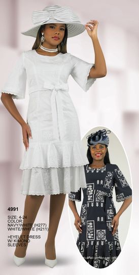 Lily & Taylor <br> (Spring/Summer Vol 129) <br> LT4991 <br> <br> Navy/White  <br>  White/White <br> 4 6 8 10 12 14 <br> 16 18 20 22 24<BR><BR>Eyelet Dress w/Kimono Sleeves