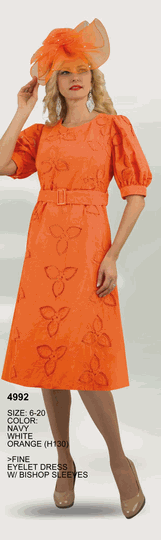 Lily & Taylor <br> (Volume 134) <br> LT4992 <br> <br> Navy  <br>  White  <br>  Orange <br> 6 8 10 12 14 16 18 20<BR><BR>Fine Eyelet Dress w/Bishop Sleeve