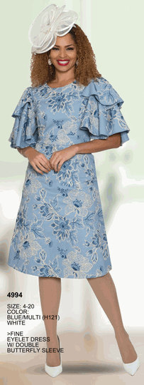 Lily & Taylor <br> (Volume 134) <br> LT4994 <br> <br> Blue/Multi  <br>  White <br> 4 6 8 10 12 <br> 14 16 18 20<BR><BR>Fine Eyelet Dress w/Double Butterfly Sleeve
