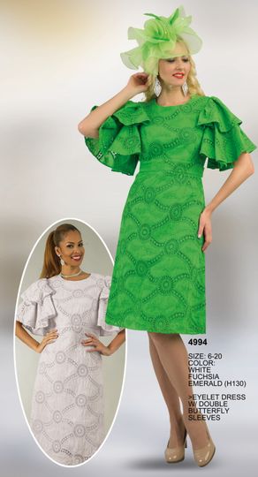 Lily & Taylor <br> (Spring/Summer Vol 129) <br> LT4994 <br> <br> White  <br>  Fuchsia  <br>  Emerald <br> 6 8 10 12 <br> 14 16 18 20<BR><BR>Eyelet Dress w/Double Butterfly Sleeves