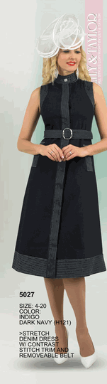 Lily & Taylor <br> (Volume 134) <br> LT5027 <br> <br> Indigo  <br>  Dark-Navy <br> 4 6 8 10 12<br>  14 16 18 20<BR><BR>Stretch Denim w/Contrast Stitch Trim & Removable Belt