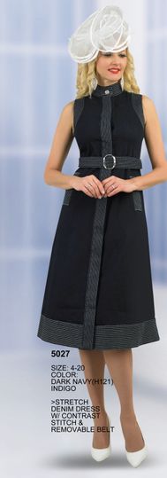 Lily & Taylor <br> (Spring/Summer Vol 129) <br> LT5027 <br> <br> Dark-Navy  <br>  Indigo <br> 4 6 8 10 12<br> 14 16 18 20<BR><BR>Stretch Denim Dress w/Contrast Stitch & Removable Belt
