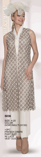 Lily & Taylor <br> (Volume 134) <br> LT5036 <br> <br> Ivory/Multi <br> 4 6 8 10 12<br>  14 16 18 20<BR><BR>3 Pc French Crepe Pant Suit w/Lace Vest Duster