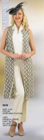 Lily & Taylor <br> (Spring/Summer Vol 129) <br> LT5036 <br> <br> Ivory/Multi <br> 4 6 8 10 12<br>  14 16 18 20<BR><BR>3 Pc. French Crepe Pant Suit w/Lace Vest Duster