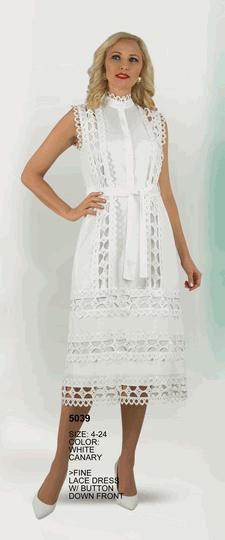 Lily & Taylor <br> (Volume 134) <br> LT5039 <br> <br> White  <br>  Canary <br> 4 6 8 10 12 14<br>   16 18 20 22 24<BR><BR>Fine Lace Dress w/Button Down Front