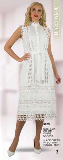 Lily & Taylor <br> (Spring/Summer Vol 129) <br> LT5039 <br> <br> White  <br>  Canary <br> S M L XL 2x 3x<BR><BR>Lace Dress w/Button Down Front