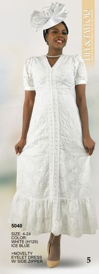 Lily & Taylor <br> (Spring/Summer Vol 129) <br> LT5040 <br> <br> White  <br>  Ice-Blue <br> 4 6 8 10 12 14 <br> 16 18 20 22 24<BR><BR>Novelty Eyelet Dress w/Side Zipper