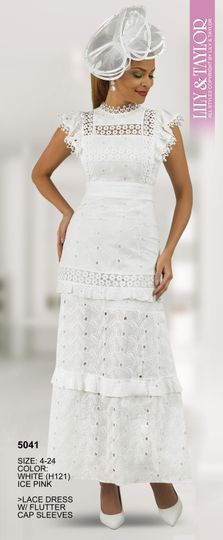 Lily & Taylor <br> (Spring/Summer Vol 129) <br> LT5041 <br> <br> White  <br>  Ice-Pink <br> 4 6 8 10 12 14 <br> 16 18 20 22 24<BR><BR>Lace Dress w/Flutter Cap Sleeves