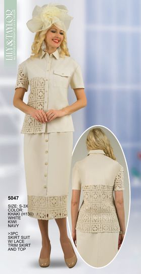 Lily & Taylor <br> (Spring/Summer Vol 129) <br> LT5047 <br> <br> Khaki  <br>  White  <br>  Kiwi  <br>  Navy <br> S M L XL 2x 3x<BR><BR>3 Pc. Skirt Suit w/Lace Trim Skirt Suit & Top