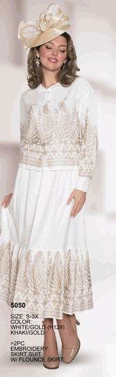 Lily & Taylor <br> (Volume 134) <br> LT5050 <br> <br> White/Gold  <br>  Khaki/Gold <br> S M L 1x 2x 3x<BR><BR>2 Pc Embroidery Skirt Suit w/Flounce Skirt
