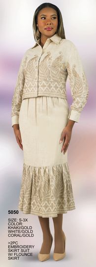Lily & Taylor <br> (Spring/Summer Vol 129) <br> LT5050 <br> <br> Khaki/Gold  <br>  White/Gold  <br>  Coral/Gold <br> S M L XL 2x 3x<BR><BR>2 Pc. Embroidery Skirt Suit w/Flounce Skirt