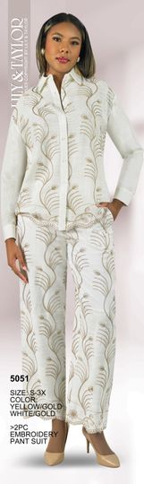 Lily & Taylor <br> (Spring/Summer Vol 129) <br> LT5051 <br> <br> Yellow/Gold  <br>  White/Gold <br> S M L XL 2x 3x<BR><BR>2 Pc. Embroidered Pant Suit