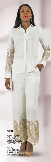 Lily & Taylor <br> (Spring/Summer Vol 129) <br> LT5052 <br> <br> White/Gold  <br>  Kiwi/Gold <br> S M L XL 2x 3x<BR><BR>2 Pc. Embroidery Pant Suit w/Cuff Sleeves