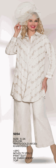 Lily & Taylor <br> (Volume 134) <br> LT5054 <br> <br> White/Gold  <br>  Khaki/Gold <br> S M L 1x 2x 3x<BR><BR>2 Pc Novelty Poly Pant Suit w/Embroidery Top