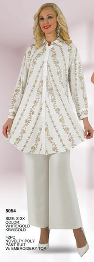 Lily & Taylor <br> (Spring/Summer Vol 129) <br> LT5054 <br> <br> White/Gold  <br>  Kiwi/Gold <br> S M L XL 2x 3x<BR><BR>2 Pc. Novelty Poly Pant Suit w/Embroidered Top