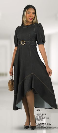 Lily & Taylor <br> (Spring/Summer Vol 129) <br> LT5061 <br> <br> Black  <br>  White <br> 4 6 8 10 12 14 <br> 16 18 20 22 24<BR><BR>Denim Dress w/Belt & Bishop Sleeves