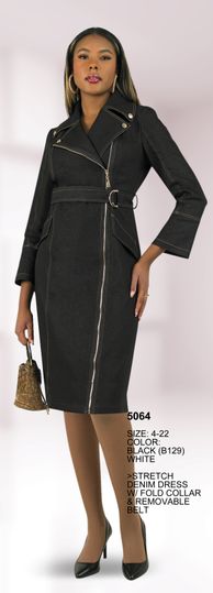 Lily & Taylor <br> (Spring/Summer Vol 129) <br> LT5064 <br> <br> Black  <br>  White <br> 4 6 8 10 12 14 <br> 16 18 20 22<BR><BR>Stretch Denim w/Fold Collar & Removable Belt