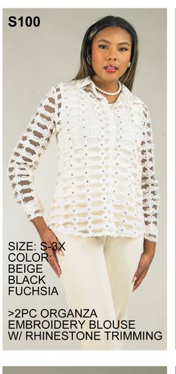 Lily & Taylor <br> (Spring/Summer Vol 129) <br> LTS100 <br> <br> Beige  <br>  Black  <br>  Fuchsia <br> S M L XL 2x 3x<BR><BR>2 Pc. Organza Embroidered Blouse w/Rhinstone Trim