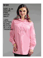 Lily & Taylor <br> (Spring/Summer Vol 129) <br> LTS101 <br> <br> White  <br>  Pink  <br>  Navy <br> S M L XL 2x 3x<BR><BR>2 Pc. Cotton Blend Blouse w/Lace Trimming