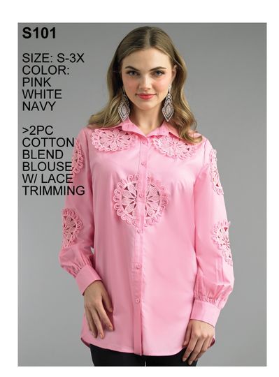 Lily & Taylor <br> (Spring/Summer Vol 129) <br> LTS101 <br> <br> White  <br>  Pink  <br>  Navy <br> S M L XL 2x 3x<BR><BR>2 Pc. Cotton Blend Blouse w/Lace Trimming