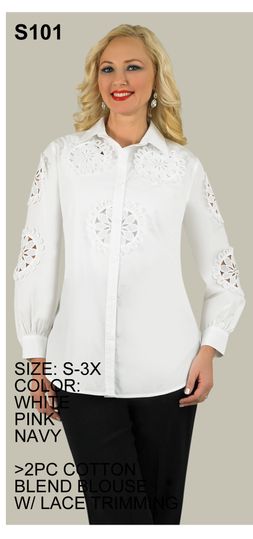 Lily & Taylor <br> (Spring/Summer Vol 129) <br> LTS101 <br> <br> White  <br>  Pink  <br>  Navy <br> S M L XL 2x 3x<BR><BR>2 Pc. Cotton Blend Blouse w/Lace Trimming