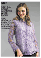 Lily & Taylor <br> (Spring/Summer Vol 129) <br> LTS102 <br> <br> White  <br>  Black  <br>  Lavender <br> S M L XL 2x 3x<BR><BR>2 Pc. Organza Embroidered Blouse w/Rhinstone Trim