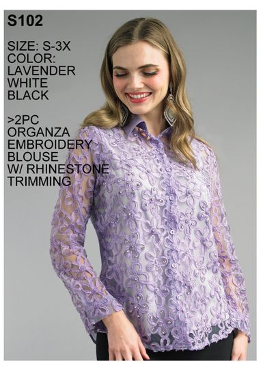 Lily & Taylor <br> (Spring/Summer Vol 129) <br> LTS102 <br> <br> White  <br>  Black  <br>  Lavender <br> S M L XL 2x 3x<BR><BR>2 Pc. Organza Embroidered Blouse w/Rhinstone Trim