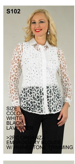 Lily & Taylor <br> (Spring/Summer Vol 129) <br> LTS102 <br> <br> White  <br>  Black  <br>  Lavender <br> S M L XL 2x 3x<BR><BR>2 Pc. Organza Embroidered Blouse w/Rhinstone Trim