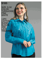 Lily & Taylor <br> (Spring/Summer Vol 129) <br> LTS103 <br> <br> White  <br>  Pink  <br>  Turquoise <br> S M L XL 2x 3x<BR><BR>2 Pc. Cotton Blend Blouse w/Lace Trimming