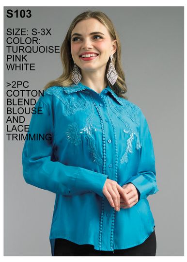 Lily & Taylor <br> (Spring/Summer Vol 129) <br> LTS103 <br> <br> White  <br>  Pink  <br>  Turquoise <br> S M L XL 2x 3x<BR><BR>2 Pc. Cotton Blend Blouse w/Lace Trimming