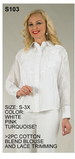 Lily & Taylor <br> (Spring/Summer Vol 129) <br> LTS103 <br> <br> White  <br>  Pink  <br>  Turquoise <br> S M L XL 2x 3x<BR><BR>2 Pc. Cotton Blend Blouse w/Lace Trimming