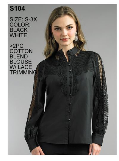 Lily & Taylor <br> (Spring/Summer Vol 129) <br> LTS104 <br> <br> White  <br>  Black <br> S M L XL 2x 3x<BR><BR>2 Pc. Cotton Blend Blouse w/Lace Trimming