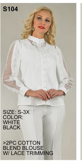 Lily & Taylor <br> (Spring/Summer Vol 129) <br> LTS104 <br> <br> White  <br>  Black <br> S M L XL 2x 3x<BR><BR>2 Pc. Cotton Blend Blouse w/Lace Trimming