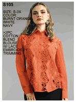 Lily & Taylor <br> (Spring/Summer Vol 129) <br> LTS105 <br> <br> Burnt-Orange  <br>  White  <br>  Navy <br> S M L XL 2x 3x<BR><BR>2 Pc. Cotton Blend Blouse w/Lace Embroidered Trimming