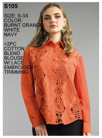 Lily & Taylor <br> (Spring/Summer Vol 129) <br> LTS105 <br> <br> Burnt-Orange  <br>  White  <br>  Navy <br> S M L XL 2x 3x<BR><BR>2 Pc. Cotton Blend Blouse w/Lace Embroidered Trimming