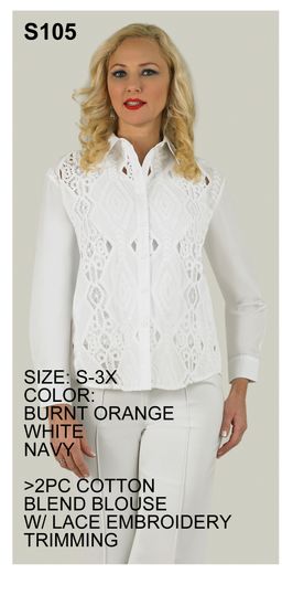 Lily & Taylor <br> (Spring/Summer Vol 129) <br> LTS105 <br> <br> Burnt-Orange  <br>  White  <br>  Navy <br> S M L XL 2x 3x<BR><BR>2 Pc. Cotton Blend Blouse w/Lace Embroidered Trimming