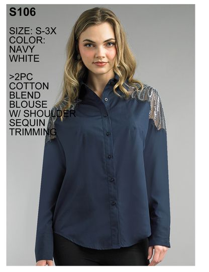 Lily & Taylor <br> (Spring/Summer Vol 129) <br> LTS106 <br> <br> White  <br>  Navy <br> S M L XL 2x 3x<BR><BR>2 Pc. Cotton Blend Blouse w/Shoulder Sequin Trim