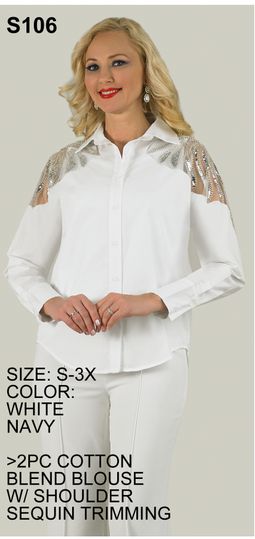 Lily & Taylor <br> (Spring/Summer Vol 129) <br> LTS106 <br> <br> White  <br>  Navy <br> S M L XL 2x 3x<BR><BR>2 Pc. Cotton Blend Blouse w/Shoulder Sequin Trim