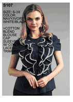 Lily & Taylor <br> (Spring/Summer Vol 129) <br> LTS107 <br> <br> White/Black  <br>  Navy/Ivory <br> S M L XL 2x 3x<BR><BR>2 Pc. Cotton Blend Blouse Cap Sleeve w/Contrast Lace Trimming