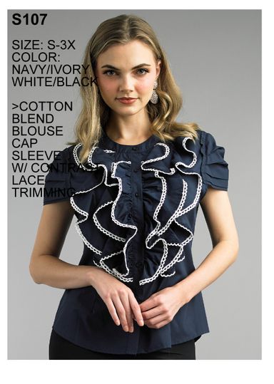 Lily & Taylor <br> (Spring/Summer Vol 129) <br> LTS107 <br> <br> White/Black  <br>  Navy/Ivory <br> S M L XL 2x 3x<BR><BR>2 Pc. Cotton Blend Blouse Cap Sleeve w/Contrast Lace Trimming