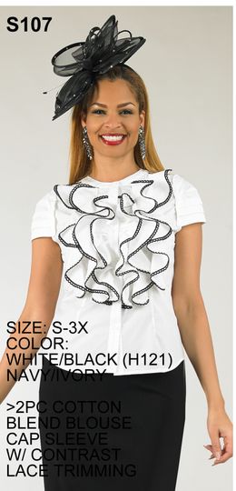 Lily & Taylor <br> (Spring/Summer Vol 129) <br> LTS107 <br> <br> White/Black  <br>  Navy/Ivory <br> S M L XL 2x 3x<BR><BR>2 Pc. Cotton Blend Blouse Cap Sleeve w/Contrast Lace Trimming