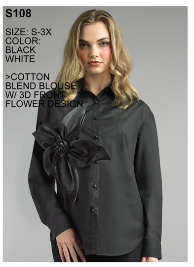 Lily & Taylor <br> (Spring/Summer Vol 129) <br> LTS108 <br> <br> White  <br>  Black <br> S M L XL 2x 3x<BR><BR>2 Pc. Cotton Blend Blouse w/3D Flower Front Design