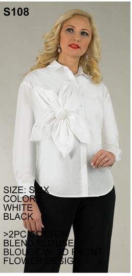 Lily & Taylor <br> (Spring/Summer Vol 129) <br> LTS108 <br> <br> White  <br>  Black <br> S M L XL 2x 3x<BR><BR>2 Pc. Cotton Blend Blouse w/3D Flower Front Design