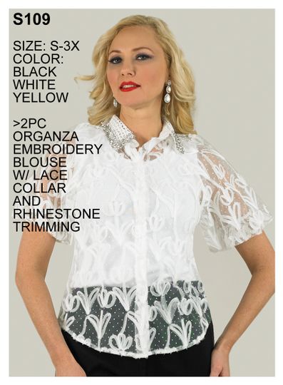 Lily & Taylor <br> (Spring/Summer Vol 129) <br> LTS109 <br> <br> White  <br>  Black  <br>  Yellow <br> S M L XL 2x 3x<BR><BR>2 Pc. Organza Embroidered Blouse w/Lace Collar & Rhinstone Trimming