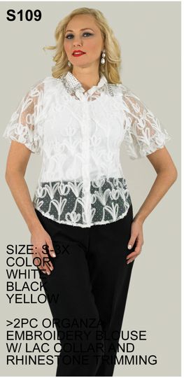 Lily & Taylor <br> (Spring/Summer Vol 129) <br> LTS109 <br> <br> White  <br>  Black  <br>  Yellow <br> S M L XL 2x 3x<BR><BR>2 Pc. Organza Embroidered Blouse w/Lace Collar & Rhinstone Trimming