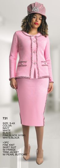 Lily & Taylor <br> (Fall/Holiday 2025 Vol. 132) <br> LT731 <br> <br> Navy  <br>  White  <br>  Black  <br>  Pink/Black  <br>  White/Black <br> S M L XL 1x 2x 3x 4x<BR><BR>3 Piece Fine Knit Skirt Suit w/Fringe Trim Jacket w/Pearl Buttons