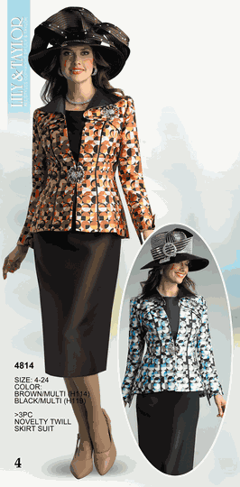 Lily & Taylor <br> (Specials) <br> LT4814 <br> <br> Brown/Multi  <br>  Black/Multi <br> 4 6 8 10 12 14 <br> 16 18 20 22 24<BR><BR>3 Piece Novelty Twill Skirt Suit