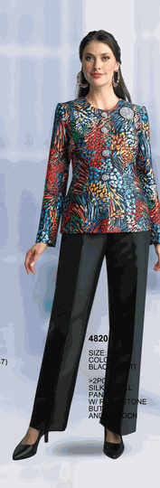 Lily & Taylor <br> (Volume 134) <br> LT4820 <br> <br> Black/Multi <br> 4 6 8 10 12 14<br>   16 18 20 22 24<BR><BR>2 Pc Silky Twill Pant Suit w/Rhinestone Buttons & Brooch