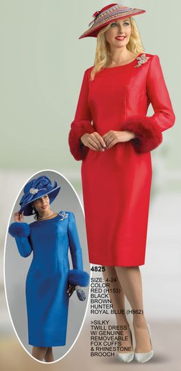 Lily & Taylor <br> (Fall/Holiday 2025 Vol. 132) <br> LT4825 <br> <br> Red  <br>  Black  <br>  Brown  <br>  Royal-Blue  <br>  Hunter-Green <br> 4 6 8 10 12 14 16 <br> 18 20 22 24<BR><BR>Silky Twill Dress w/Genuine Removalble Fox Cuffs & Rhinestone Brooch